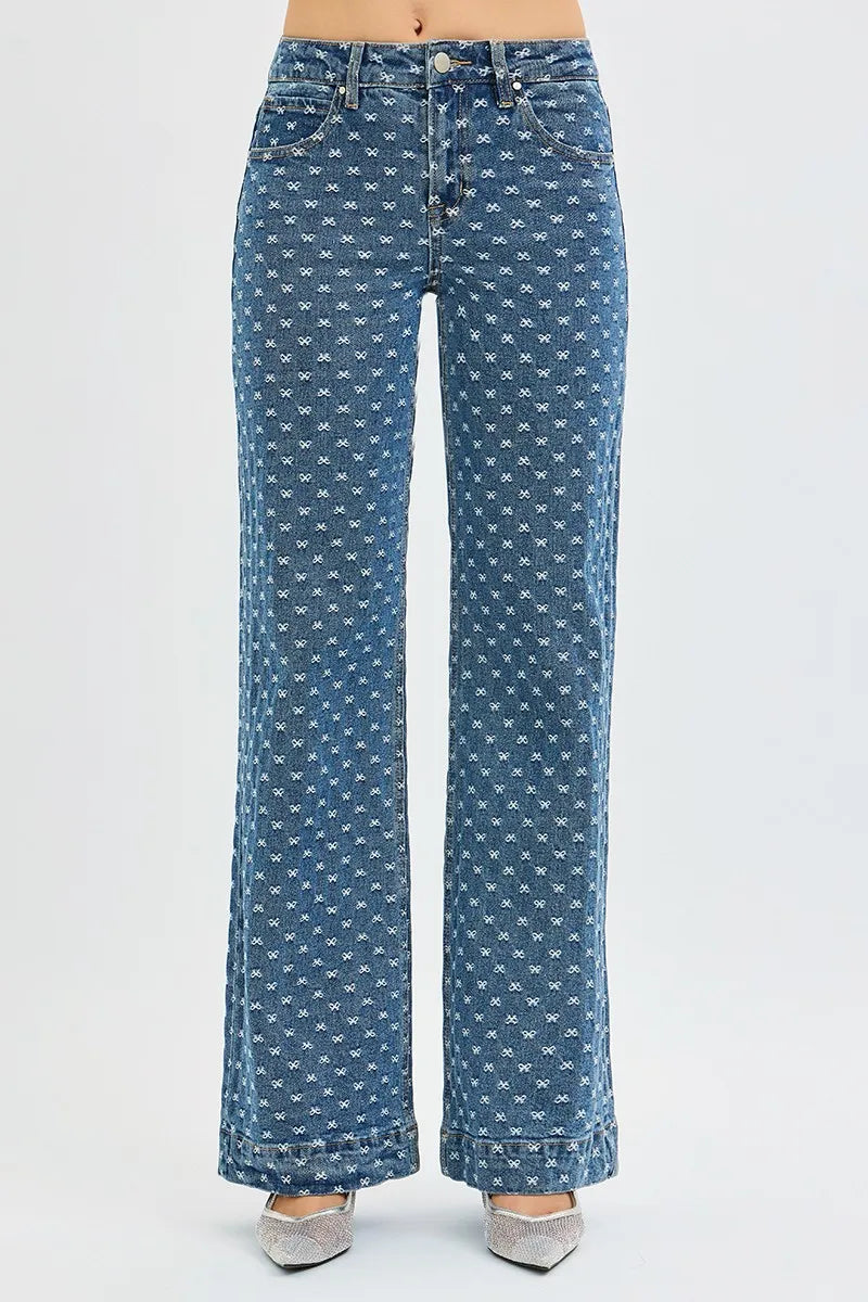 Boho High Rise Wide Leg Bow Embroidered Jeans