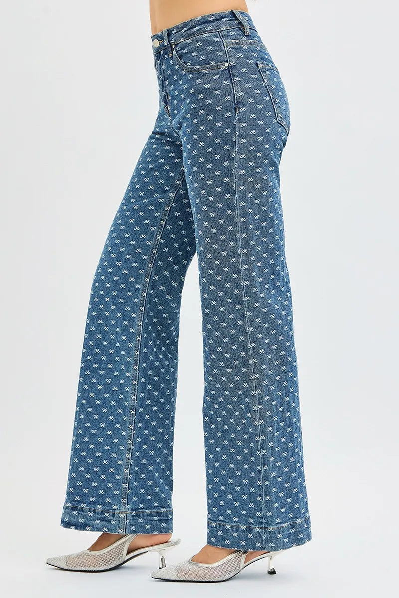 Boho High Rise Wide Leg Bow Embroidered Jeans
