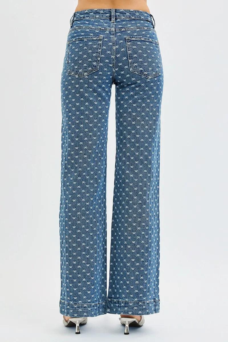 Boho High Rise Wide Leg Bow Embroidered Jeans