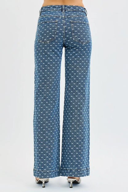 Boho High Rise Wide Leg Bow Embroidered Jeans