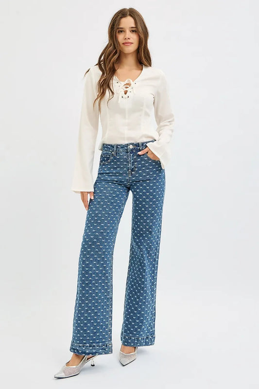 Boho High Rise Wide Leg Bow Embroidered Jeans