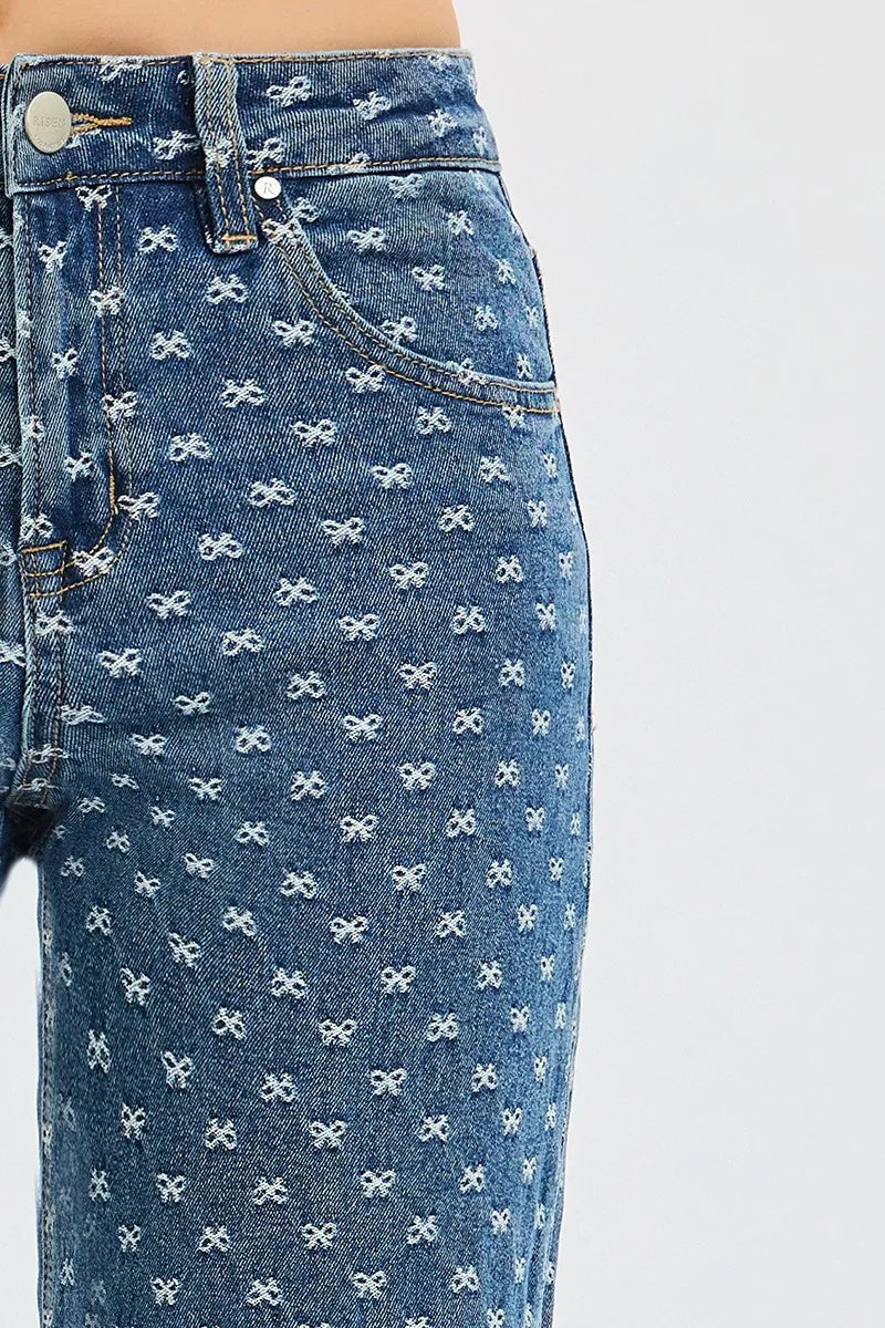 Boho High Rise Wide Leg Bow Embroidered Jeans