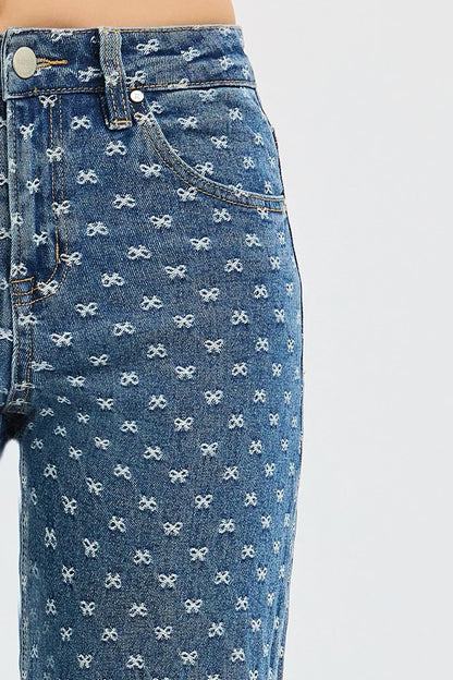Boho High Rise Wide Leg Bow Embroidered Jeans