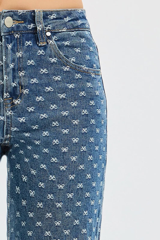 Boho High Rise Wide Leg Bow Embroidered Jeans