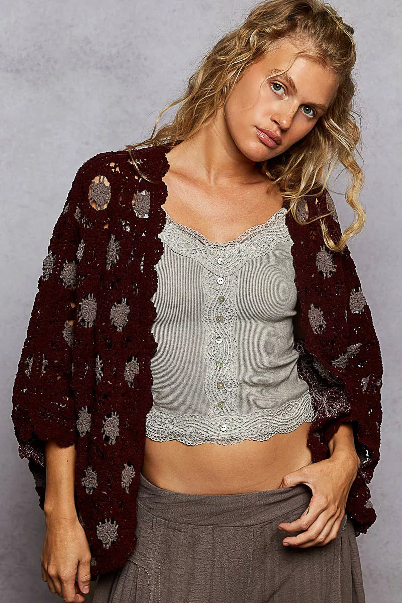 Boho Lace Openwork V-Neck Chenille Cardigan with Contrast Floral