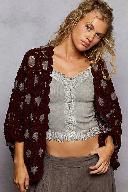 Boho Lace Openwork V-Neck Chenille Cardigan with Contrast Floral