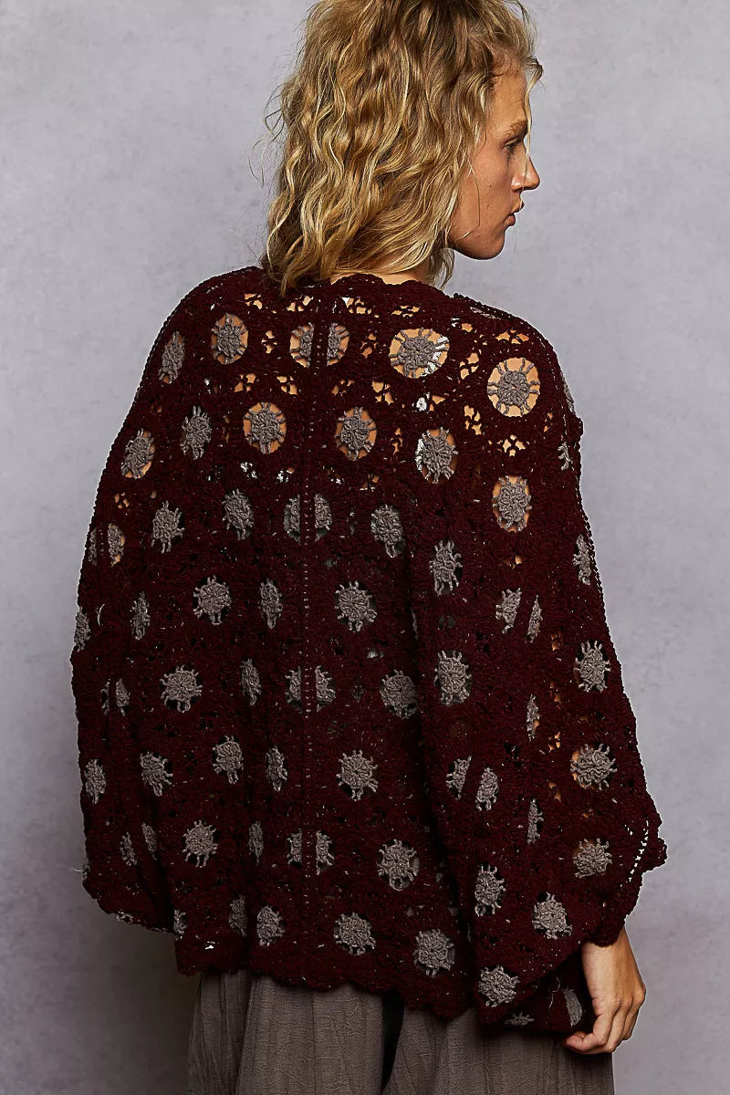 Boho Lace Openwork V-Neck Chenille Cardigan with Contrast Floral