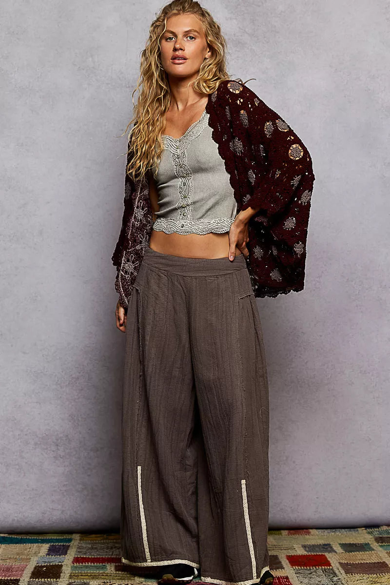Boho Lace Openwork V-Neck Chenille Cardigan with Contrast Floral