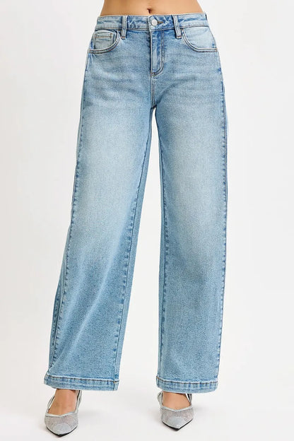 Boho Mid Rise Wide Barrel Leg Snap Jeans