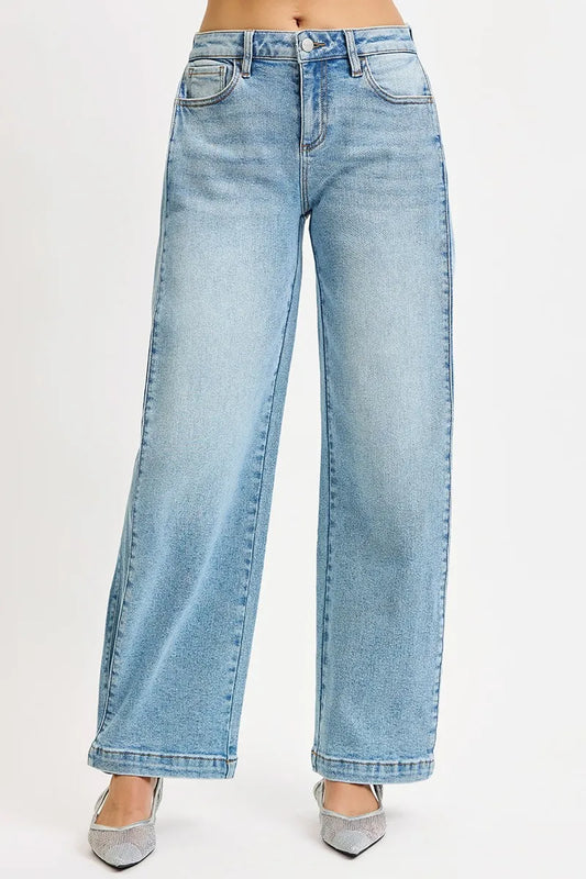 Boho Mid Rise Wide Barrel Leg Snap Jeans