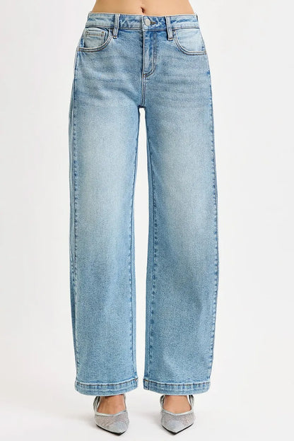 Boho Mid Rise Wide Barrel Leg Snap Jeans