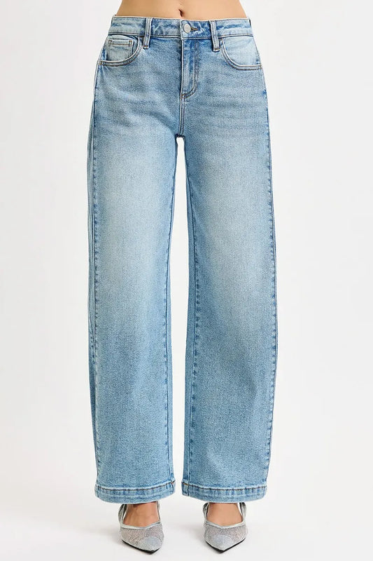 Boho Mid Rise Wide Barrel Leg Snap Jeans
