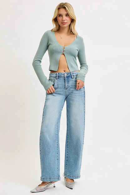 Boho Mid Rise Wide Barrel Leg Snap Jeans