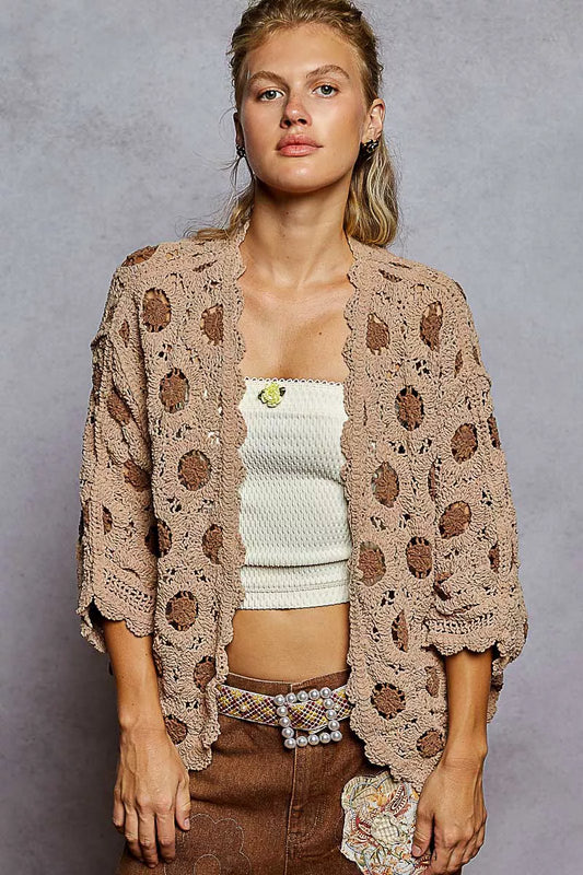 Boho Openwork V-Neck Chenille Cardigan with Contrast Floral