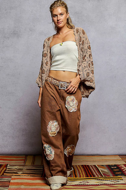 Boho Openwork V-Neck Chenille Cardigan with Contrast Floral
