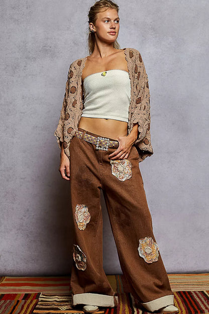 Boho Openwork V-Neck Chenille Cardigan with Contrast Floral