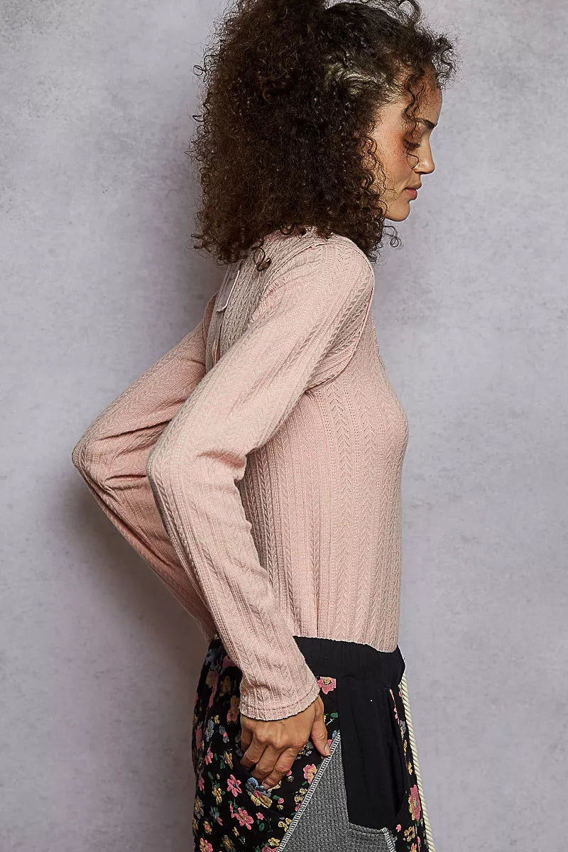 Boho Pink Square Neck Cropped Knit Top with Curved Hem