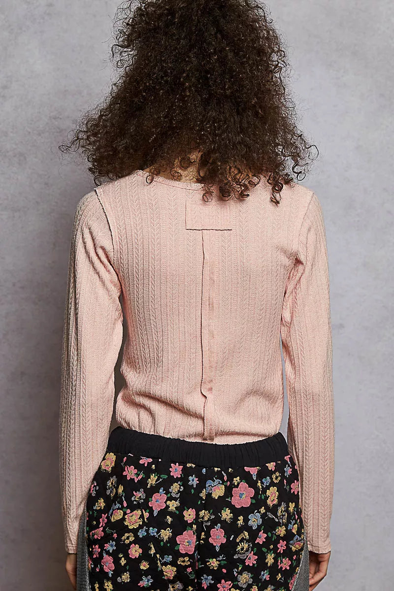 Boho Pink Square Neck Cropped Knit Top with Curved Hem