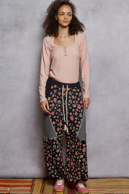 Boho Pink Square Neck Cropped Knit Top with Curved Hem