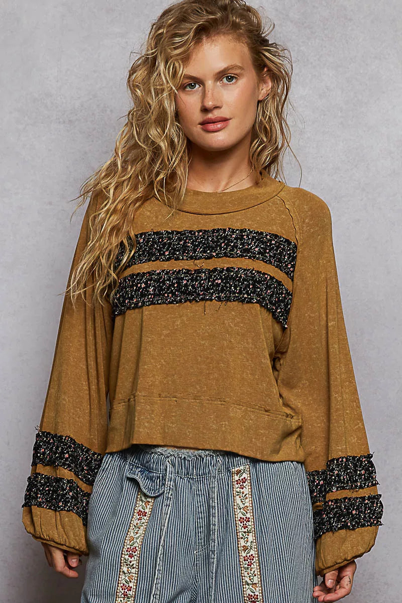 Boho Print Patch Round Neck Balloon Sleeve Cropped Top