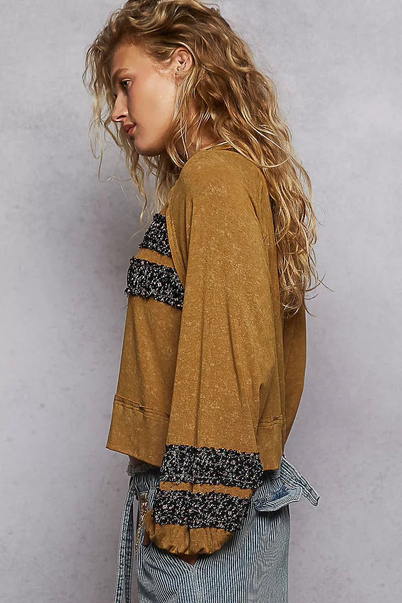 Boho Print Patch Round Neck Balloon Sleeve Cropped Top