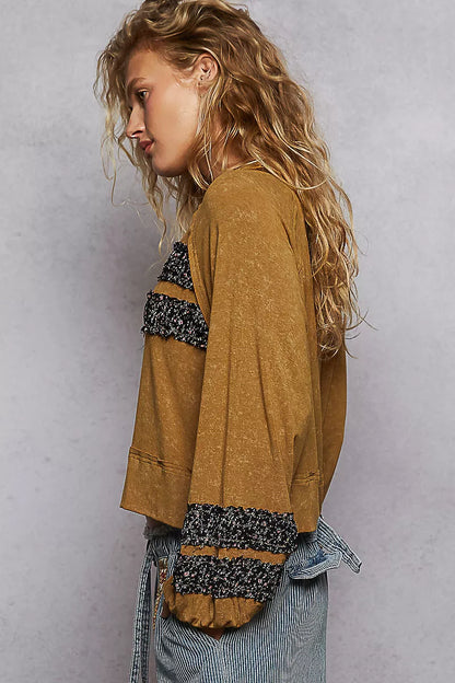 Boho Print Patch Round Neck Balloon Sleeve Cropped Top