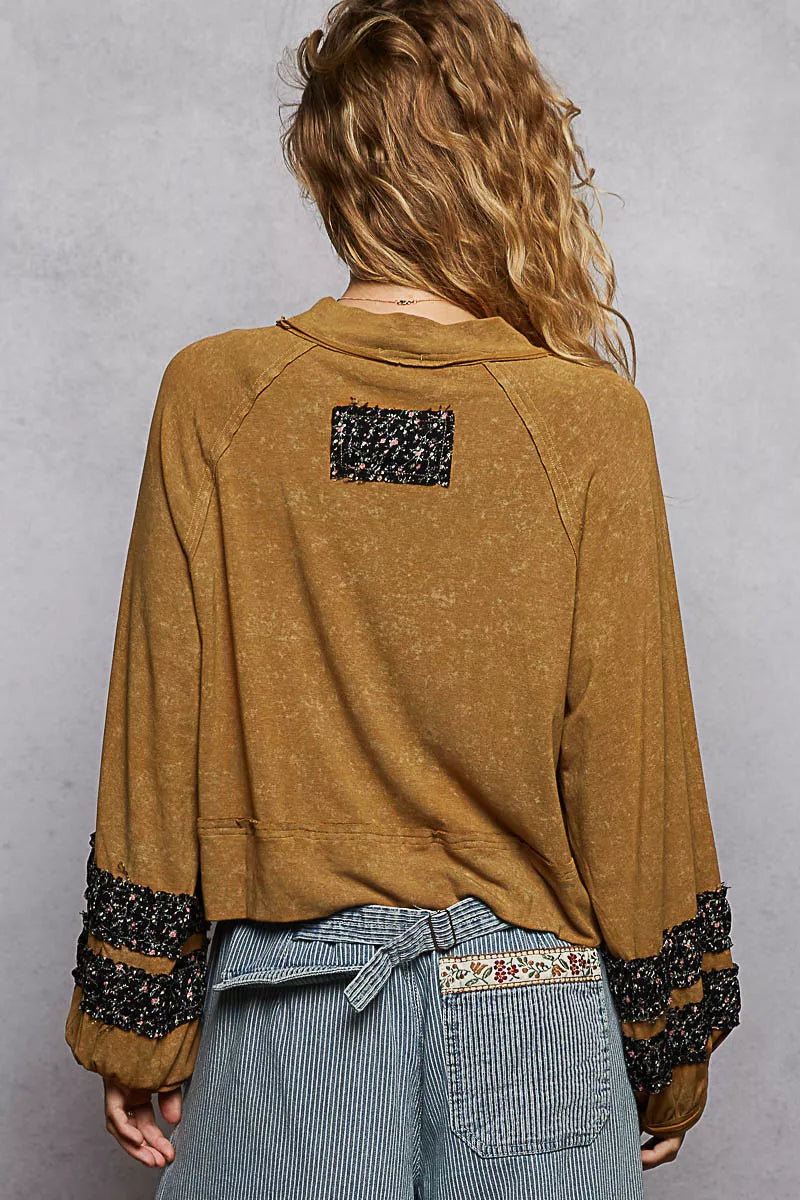 Boho Print Patch Round Neck Balloon Sleeve Cropped Top