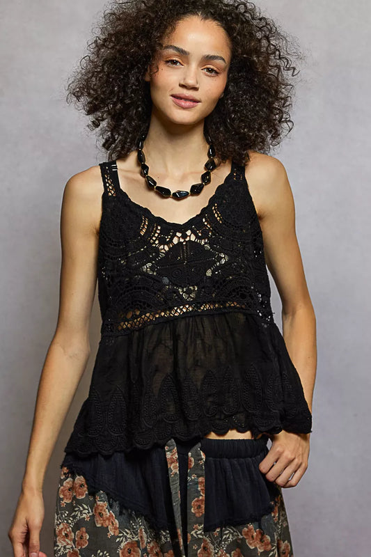 Boho V-Neck Crochet Tank with Floral Embroidery Detail