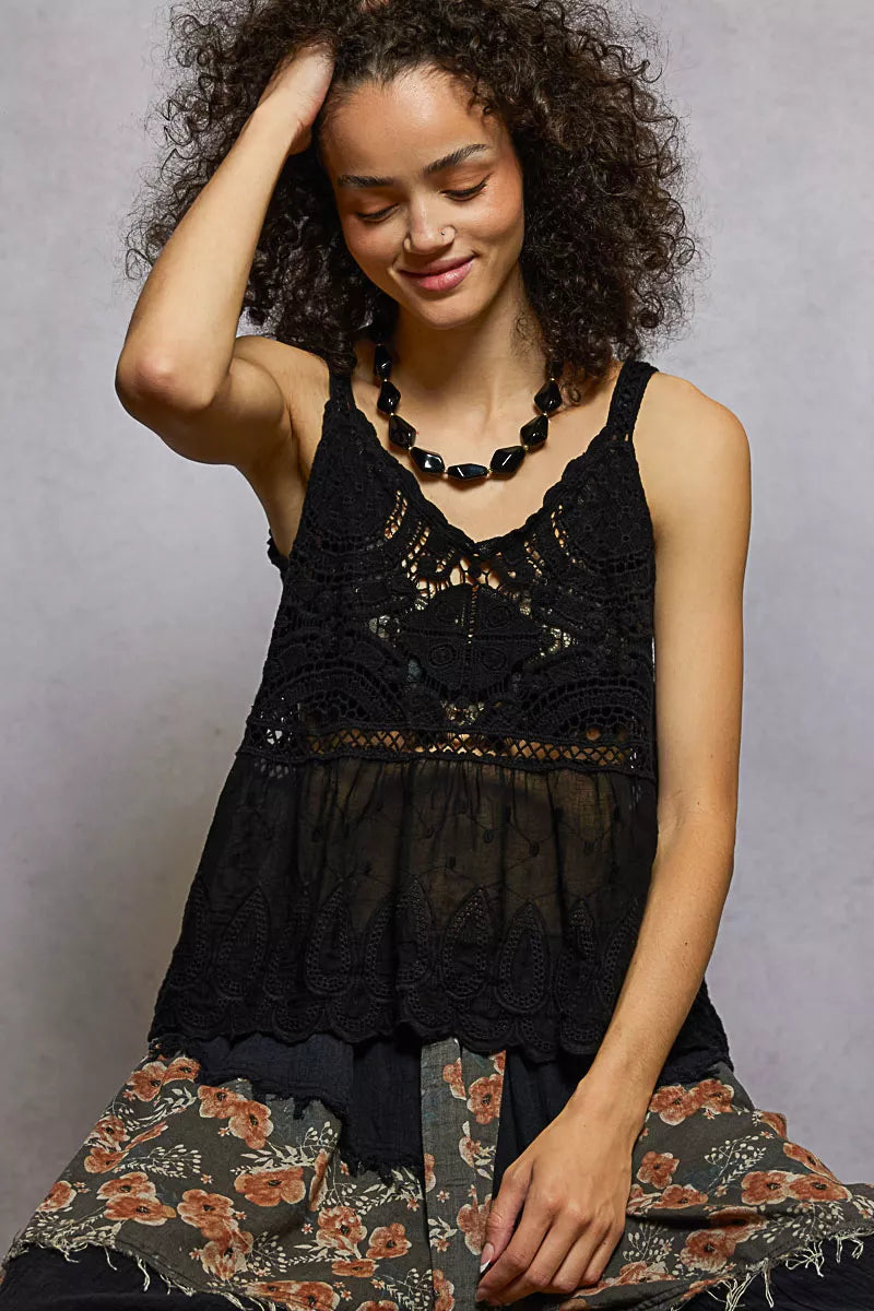 Boho V-Neck Crochet Tank with Floral Embroidery Detail