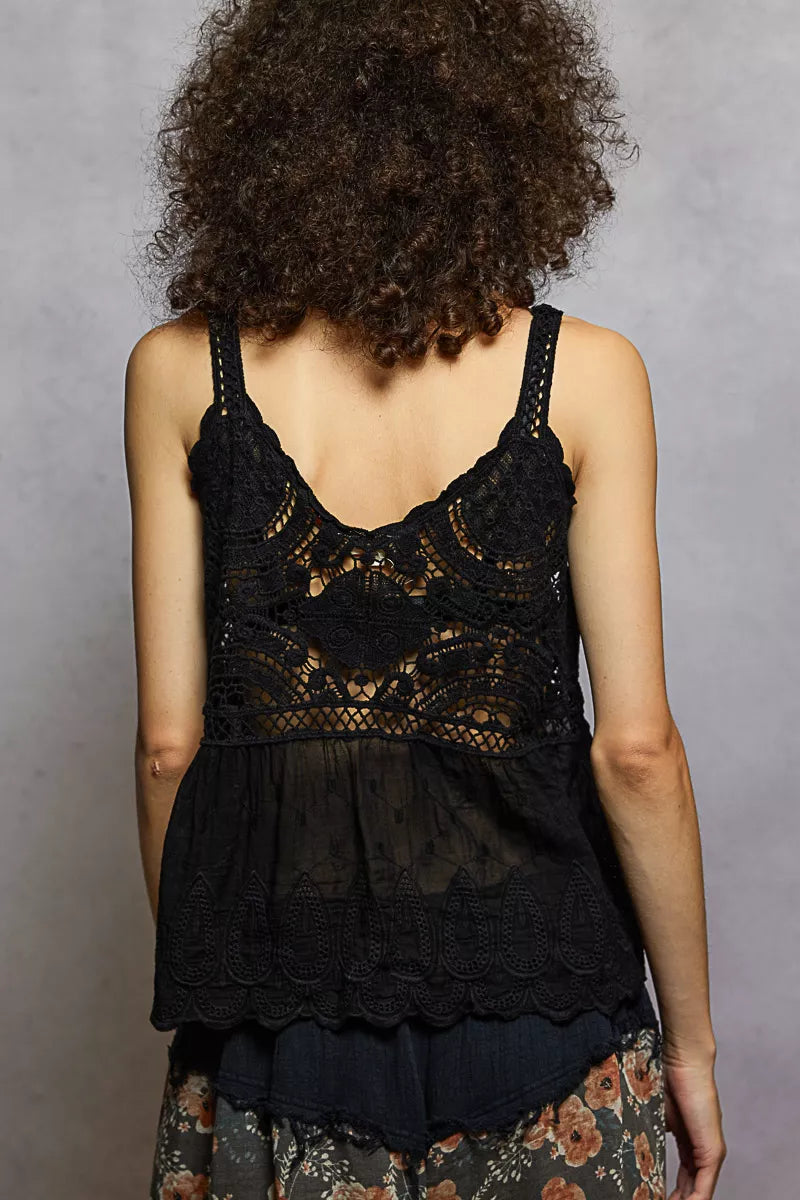 Boho V-Neck Crochet Tank with Floral Embroidery Detail