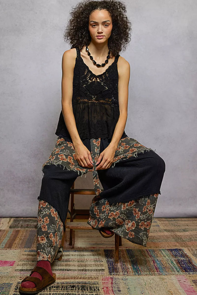 Boho V-Neck Crochet Tank with Floral Embroidery Detail