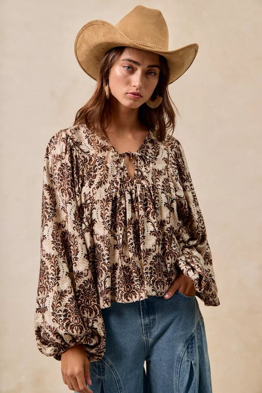 Boho Western Printed Woven Front Tied Blouse with Balloon Sleeve