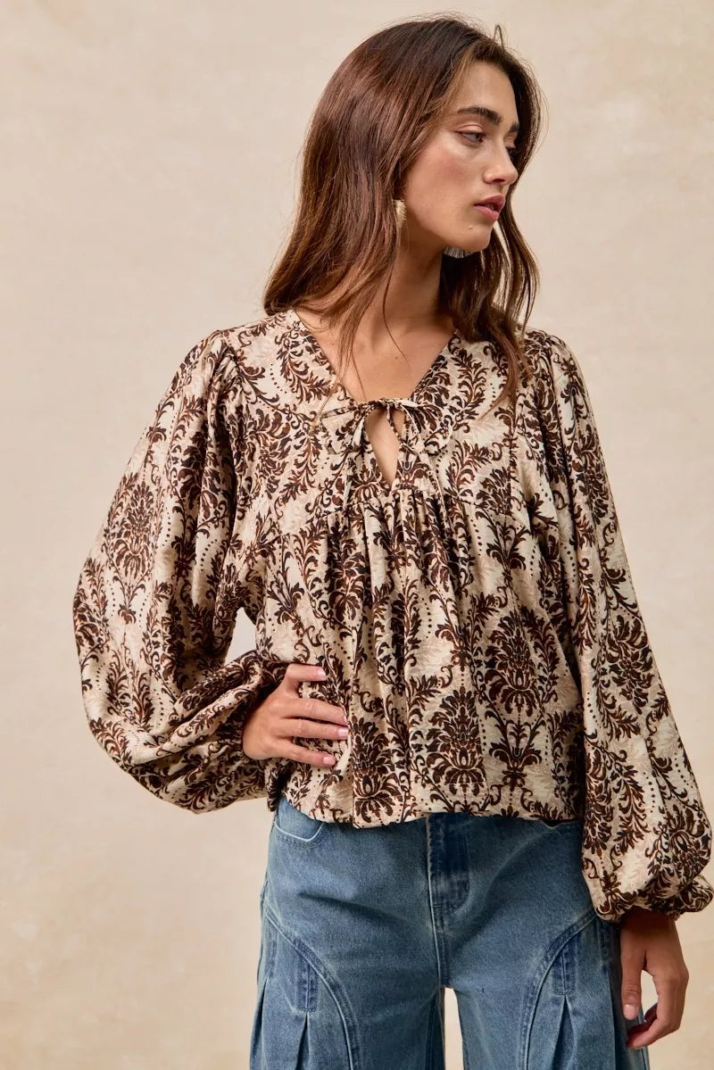Boho Western Printed Woven Front Tied Blouse with Balloon Sleeve