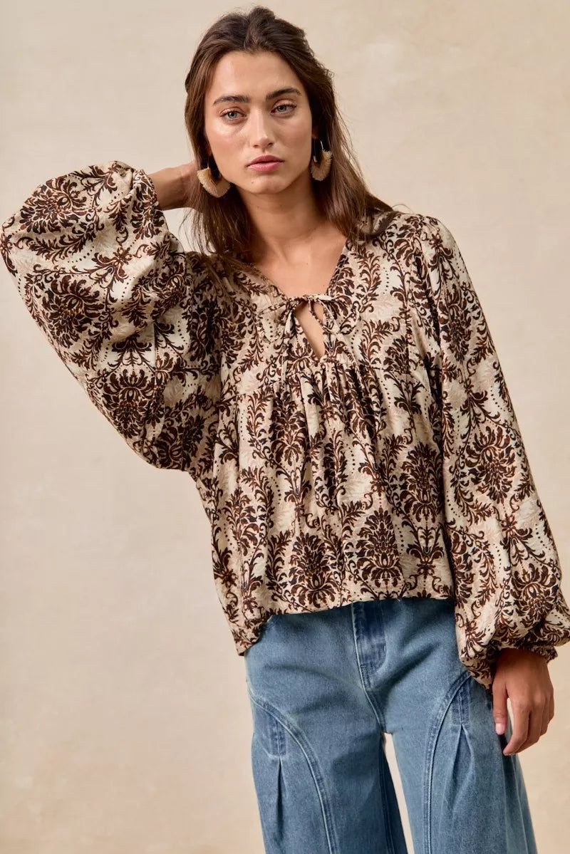 Boho Western Printed Woven Front Tied Blouse with Balloon Sleeve