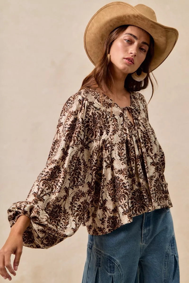 Boho Western Printed Woven Front Tied Blouse with Balloon Sleeve