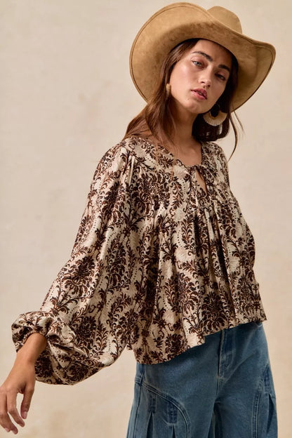 Boho Western Printed Woven Front Tied Blouse with Balloon Sleeve