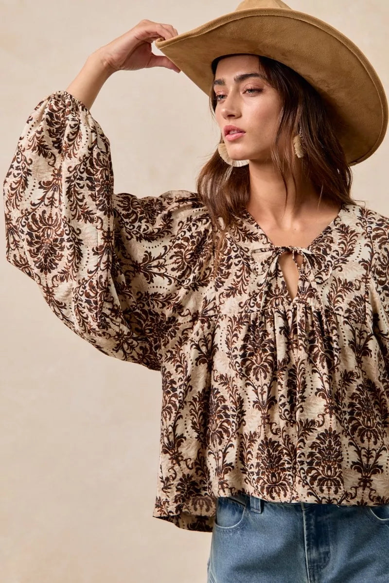 Boho Western Printed Woven Front Tied Blouse with Balloon Sleeve