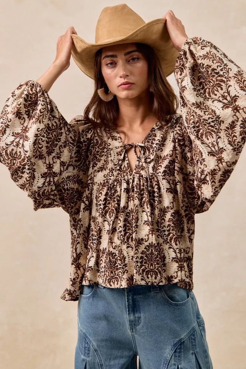 Boho Western Printed Woven Front Tied Blouse with Balloon Sleeve