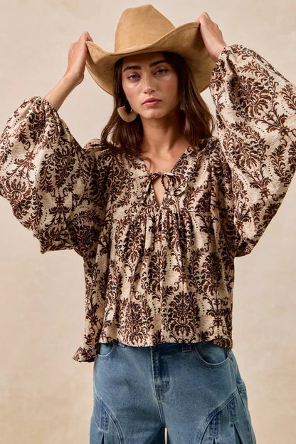 Boho Western Printed Woven Front Tied Blouse with Balloon Sleeve