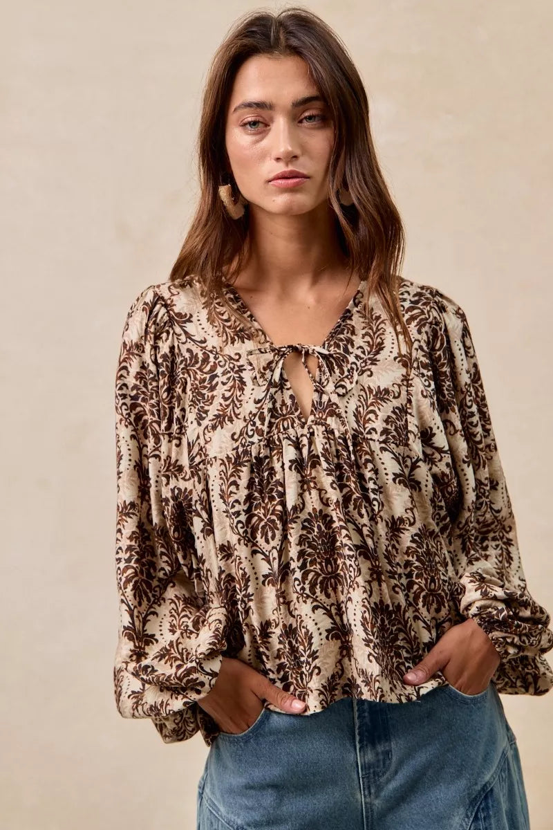 Boho Western Printed Woven Front Tied Blouse with Balloon Sleeve