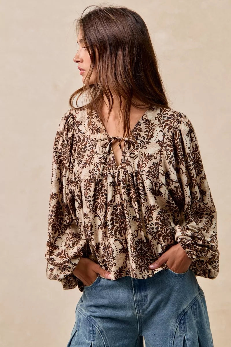 Boho Western Printed Woven Front Tied Blouse with Balloon Sleeve