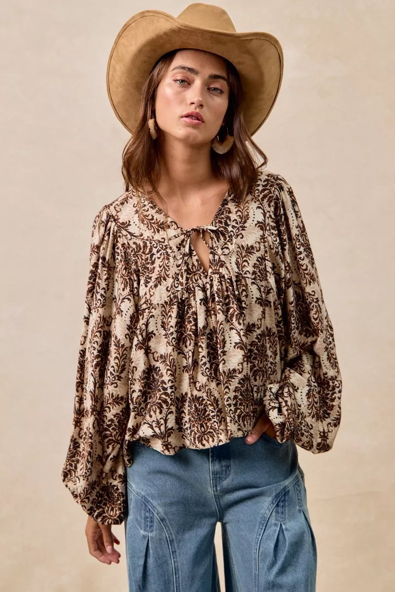 Boho Western Printed Woven Front Tied Blouse with Balloon Sleeve