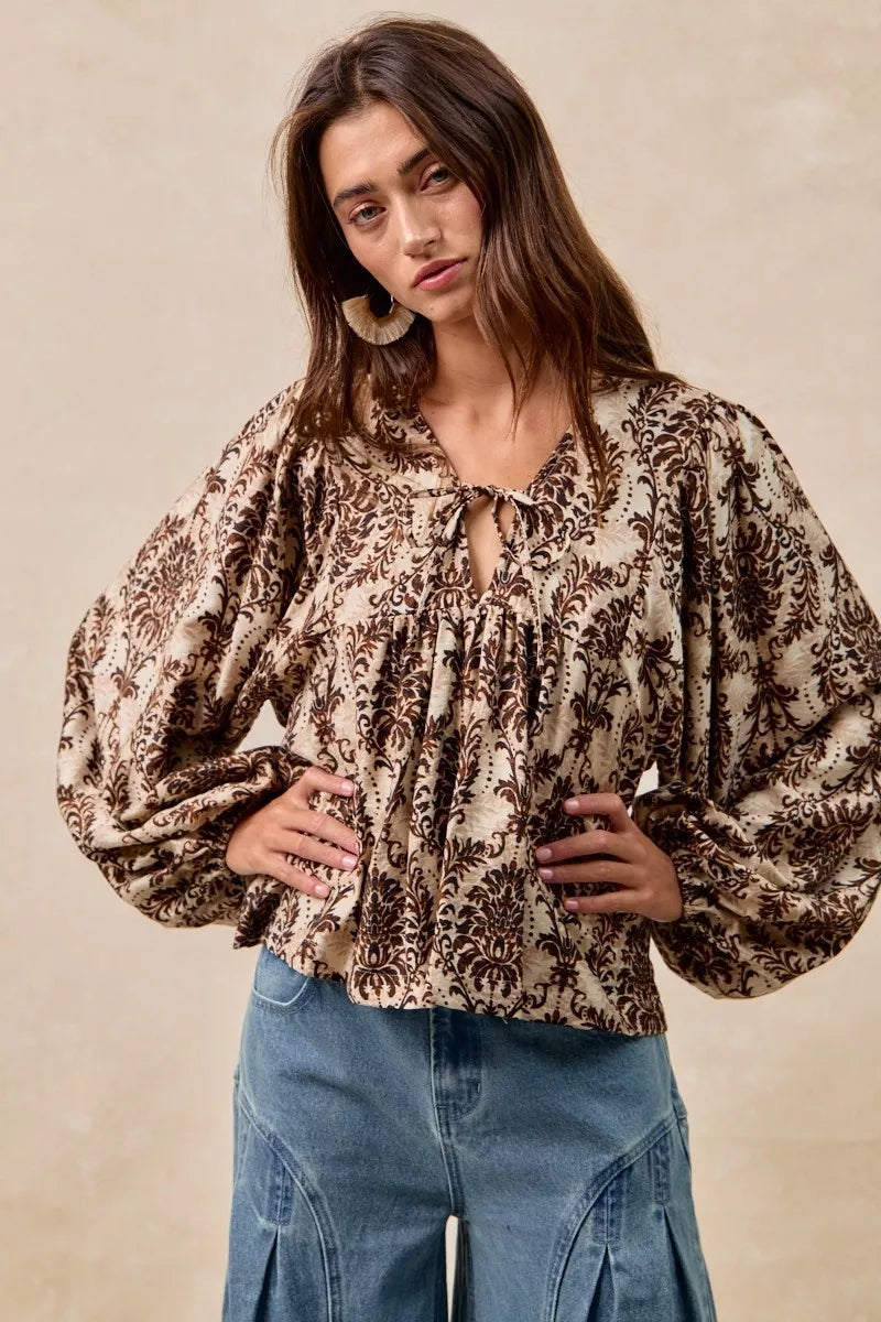 Boho Western Printed Woven Front Tied Blouse with Balloon Sleeve