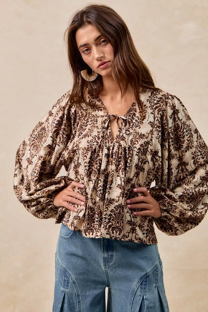 Boho Western Printed Woven Front Tied Blouse with Balloon Sleeve