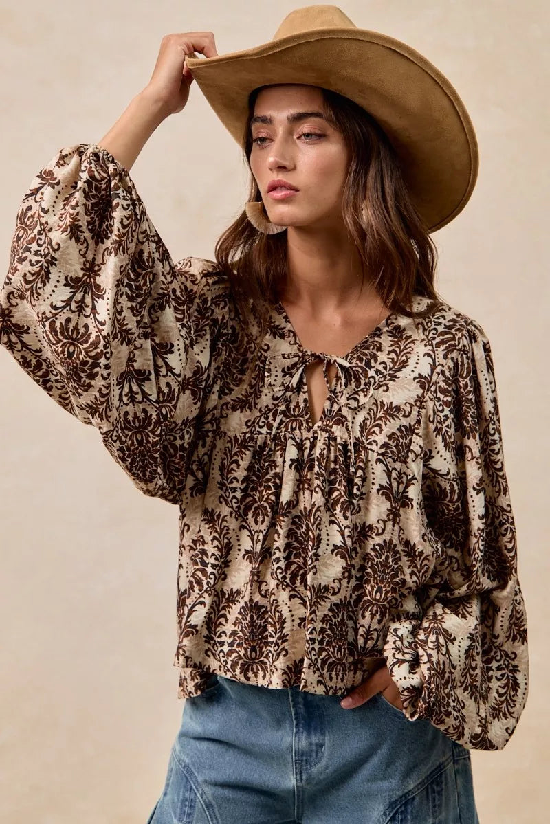 Boho Western Printed Woven Front Tied Blouse with Balloon Sleeve
