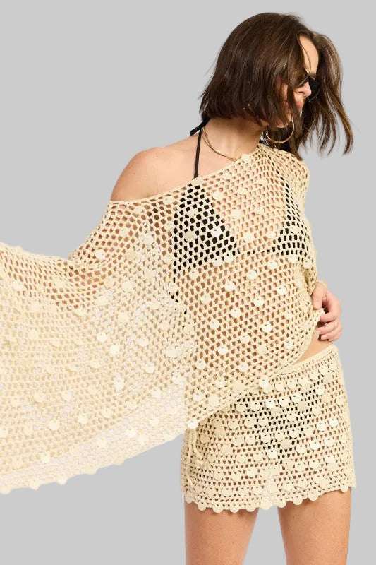 Brianna Boho Oversized Crochet Shell Poncho Top