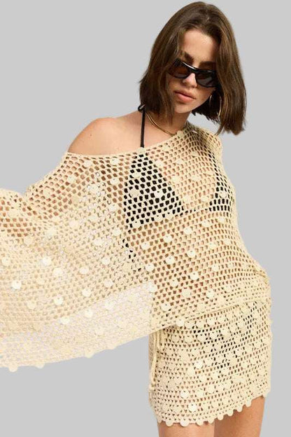Brianna Boho Oversized Crochet Shell Poncho Top