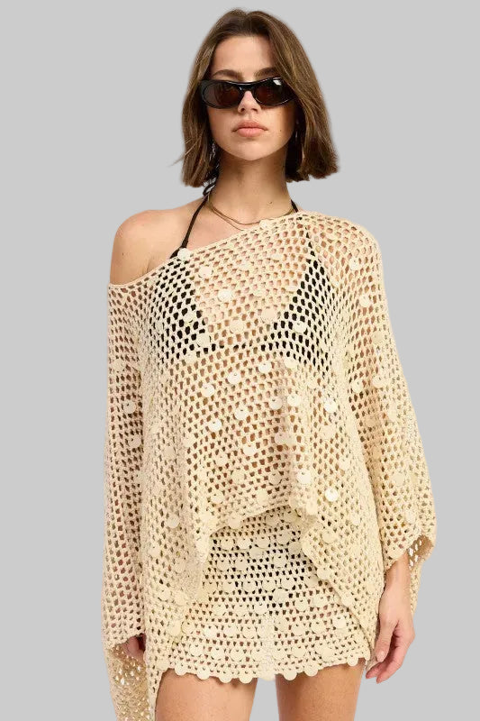 Brianna Boho Oversized Crochet Shell Poncho Top