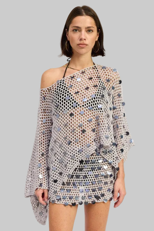 Brianna Boho Oversized Crochet Shell Poncho Top