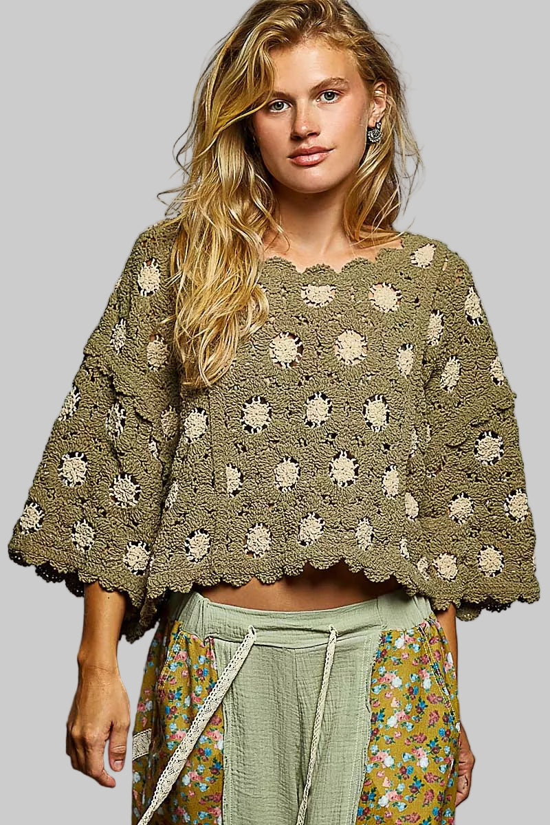 Brianna Olive Boho Crochet Knit Top